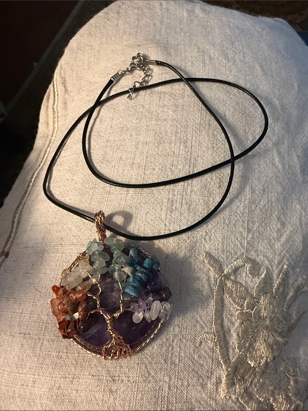 Multistone Tree of Life Pendant Necklace in Purple with Black Cord